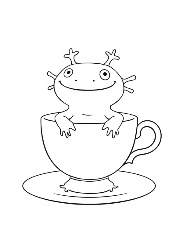 Axolotl in a Teacup black and white line art