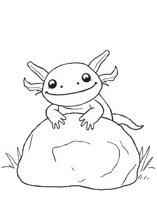 Axolotl Peeking Over a Rock black and white line art