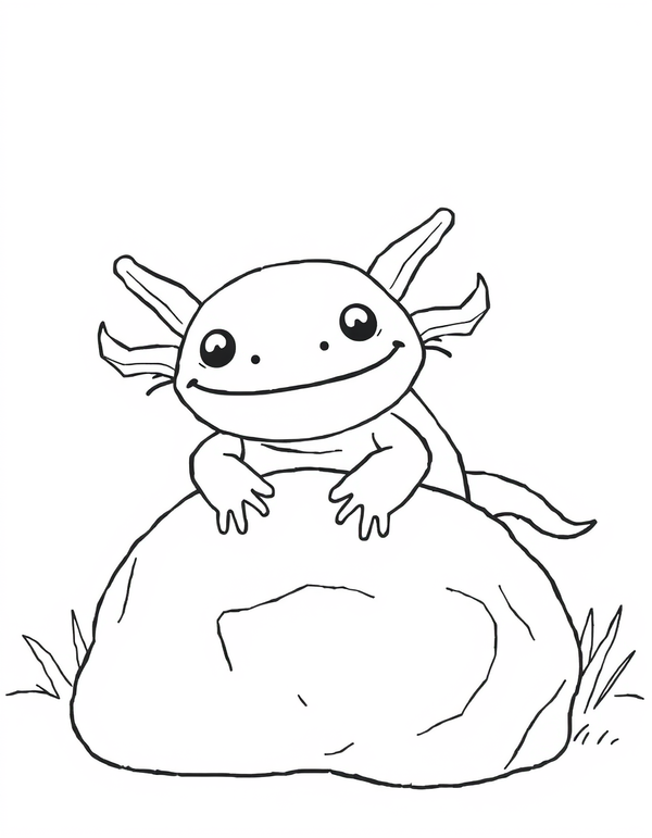 Axolotl Peeking Over a Rock black and white line art