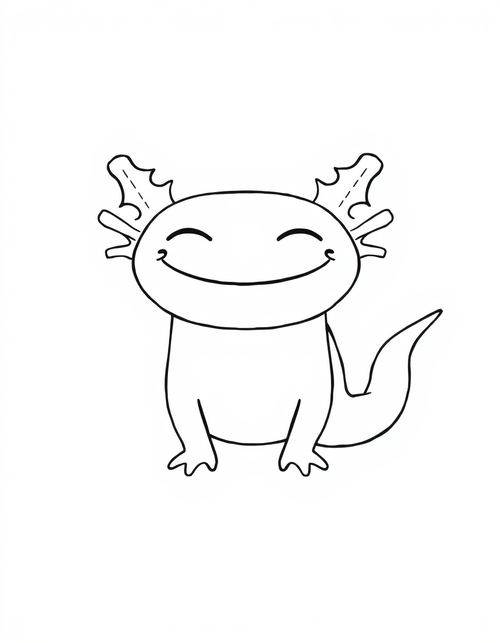 Axolotl Smiling With Its Eyes Closed black and white line art