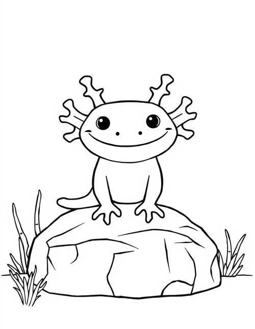 Axolotl Standing on a Rock black and white line art