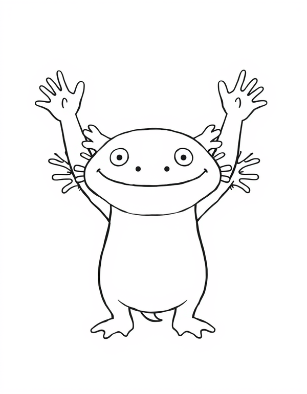 Axolotl Stretching Its Arms Up black and white line art