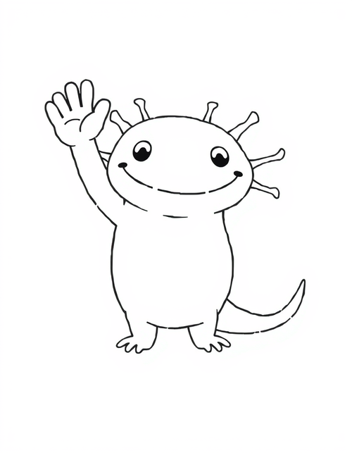Axolotl Waving Hello black and white line art