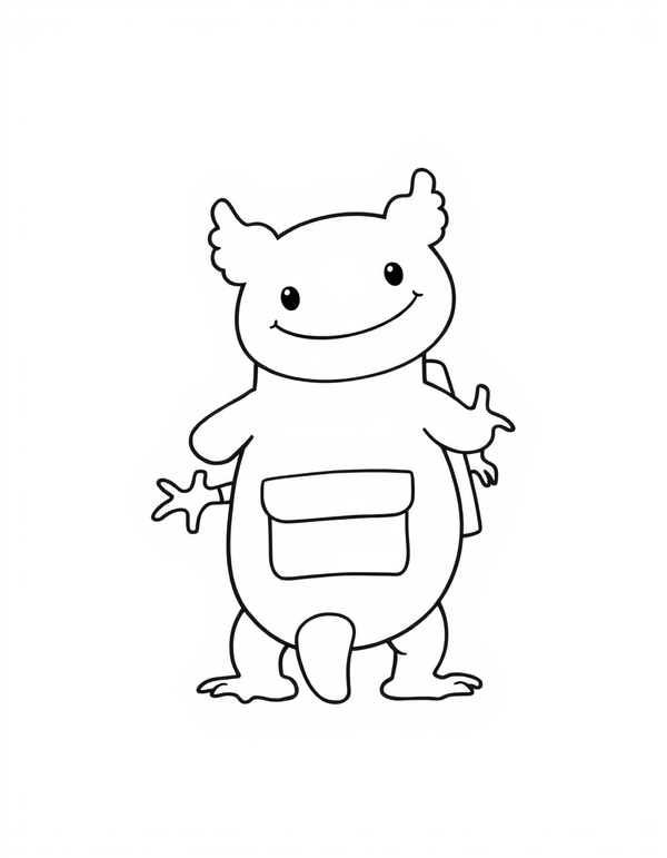 Axolotl Wearing a Backpack black and white line art