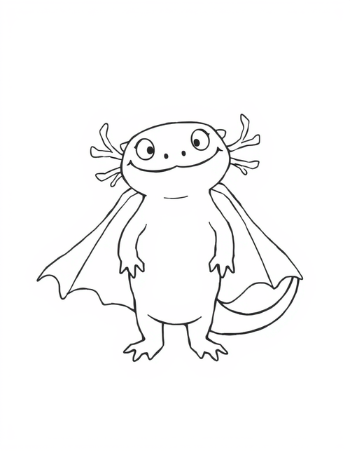 Axolotl Wearing a Cape black and white line art