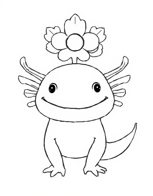 Axolotl Wearing a Flower Crown black and white line art