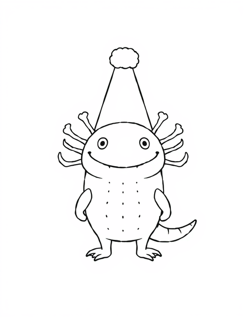 Axolotl Wearing a Party Hat black and white line art