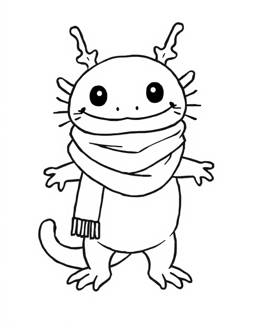 Axolotl Wearing a Scarf black and white line art