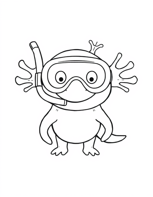 Axolotl Wearing a Snorkel Mask black and white line art