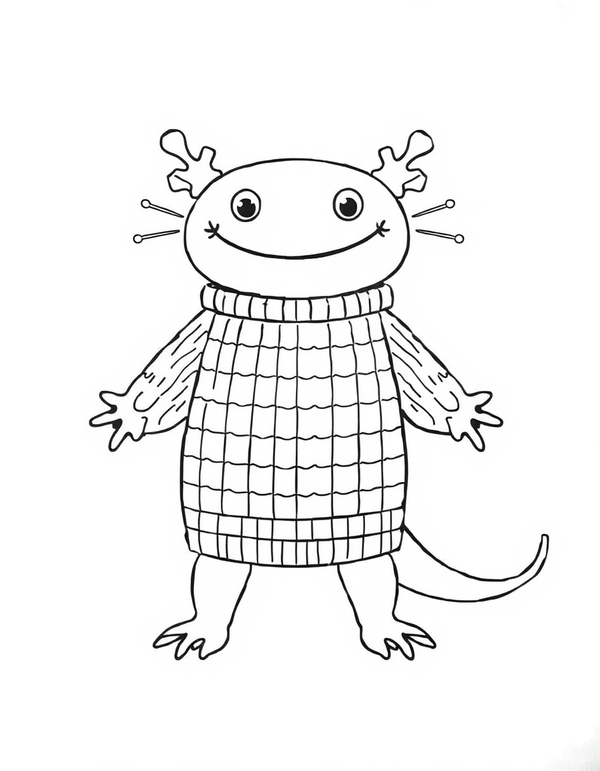 Axolotl Wearing a Striped Sweater black and white line art