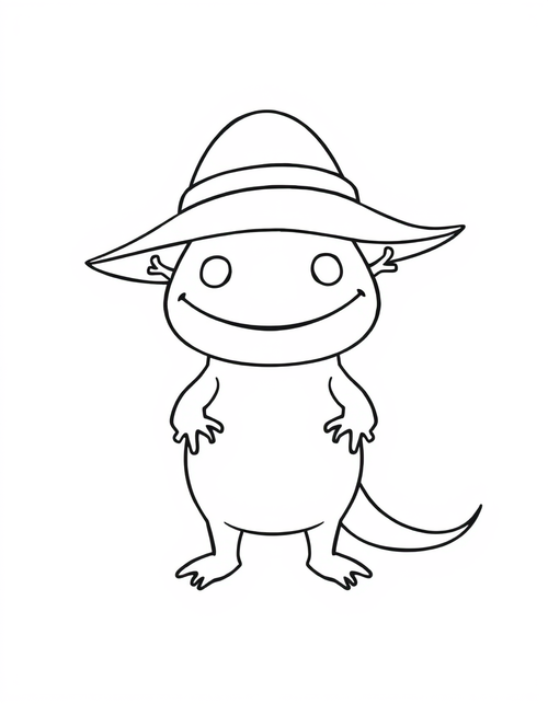 Axolotl Wearing a Sun Hat black and white line art