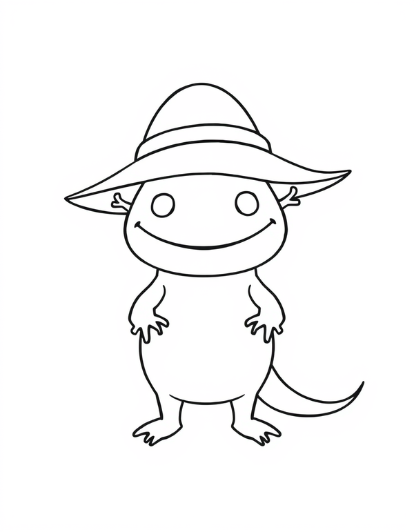 Axolotl Wearing a Sun Hat black and white line art