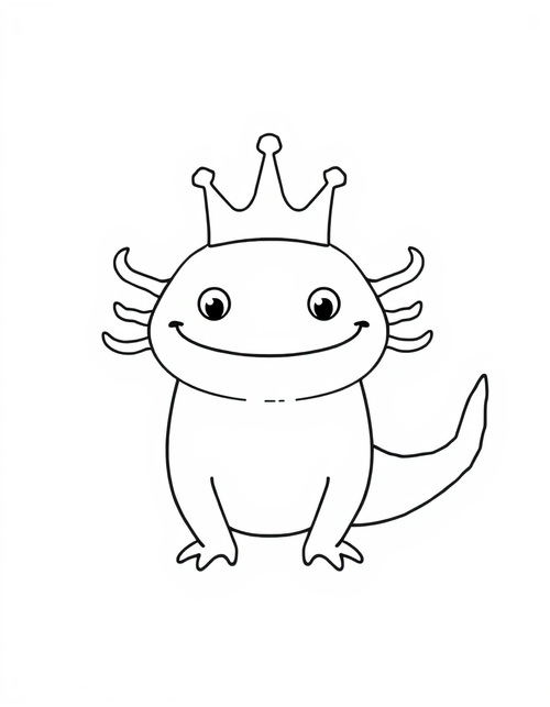 Axolotl Wearing a Tiny Crown black and white line art