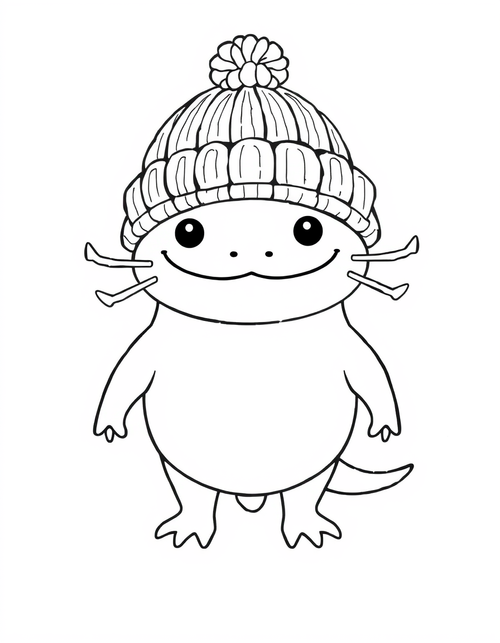 Axolotl Wearing a Winter Hat black and white line art