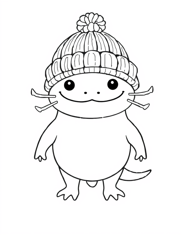 Axolotl Wearing a Winter Hat black and white line art