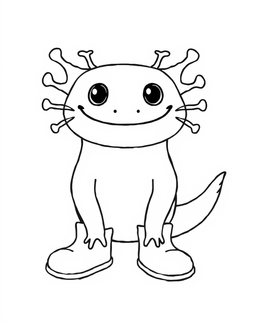 Axolotl Wearing Rain Boots black and white line art