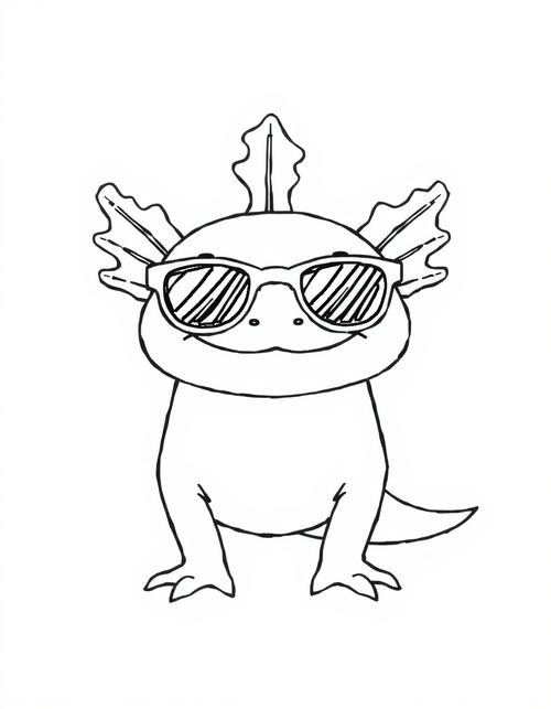 Axolotl Wearing Sunglasses black and white line art