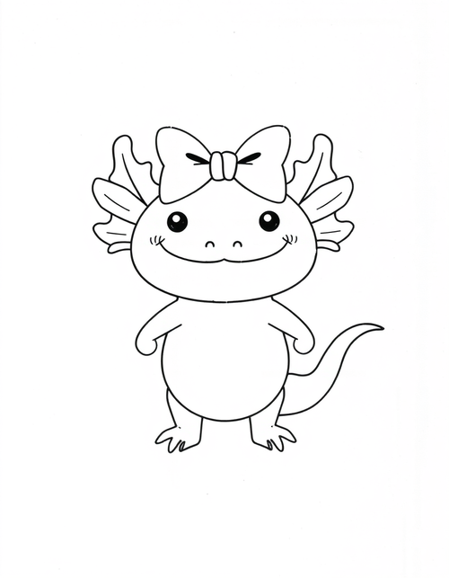 Axolotl With a Bow on Its Head black and white line art