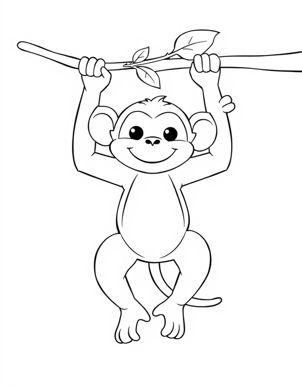 Baby Monkey Hanging From a Branch black and white line art