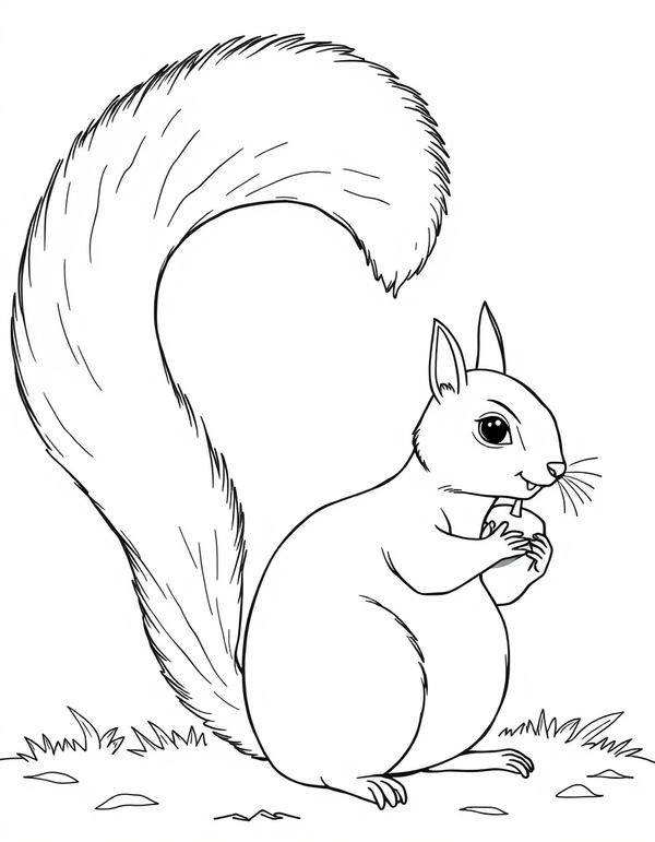 Baby Squirrel Holding an Acorn black and white line art
