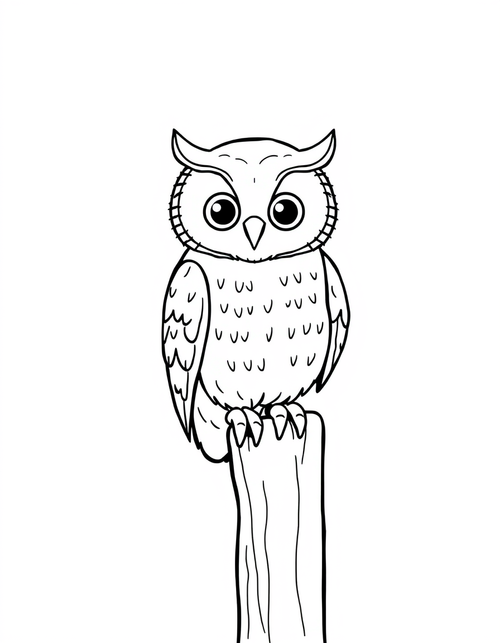 Black and white coloring page of a barn owl perched on a fence post