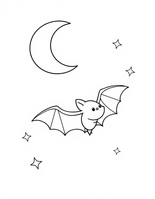 Bat Flying Under a Crescent Moon black and white line art