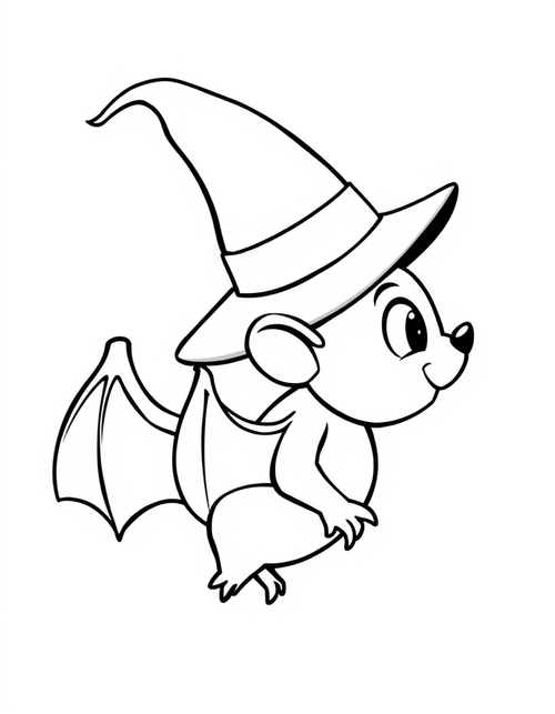 Bat Wearing a Pointed Witch Hat black and white line art