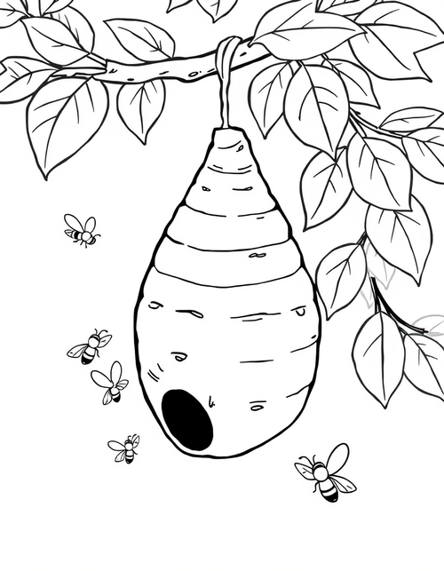 Beehive Hanging From a Tree Branch black and white line art