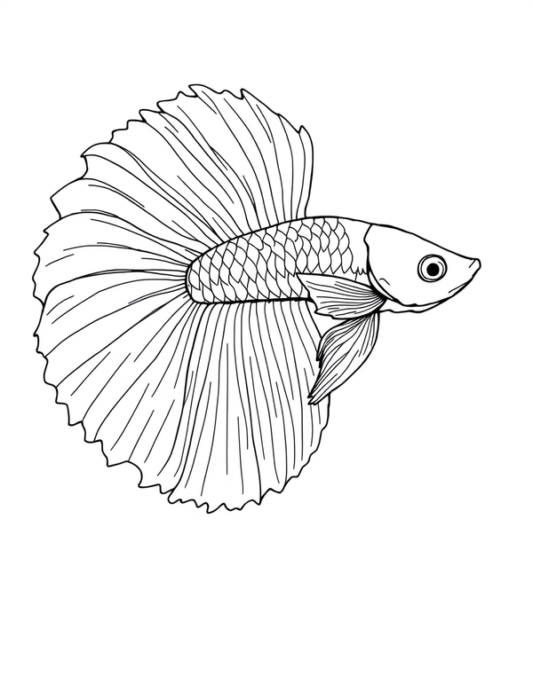 Coloring page of a betta fish seen from the side with wide ruffled fins spread open around its small body