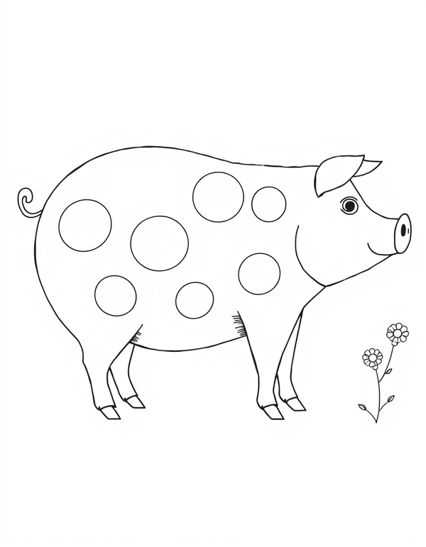 Black and white coloring page of a big spotted pig