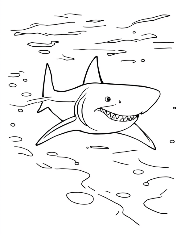Bull Shark Swimming in Murky River Waters - black and white coloring page