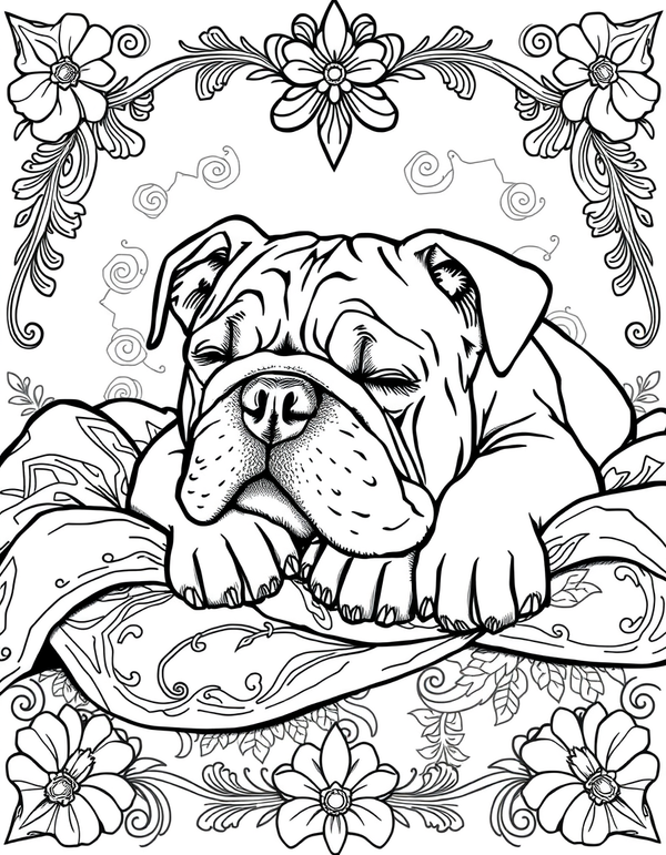 Bulldog Puppy Napping on a Blanket - black and white coloring page
