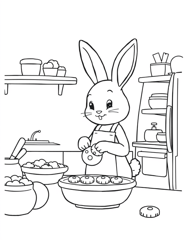 Bunny Baking Cookies in a Kitchen - black and white coloring page