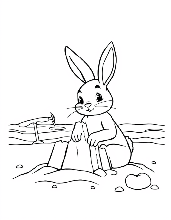 Bunny Building a Sandcastle at the Beach - black and white coloring page