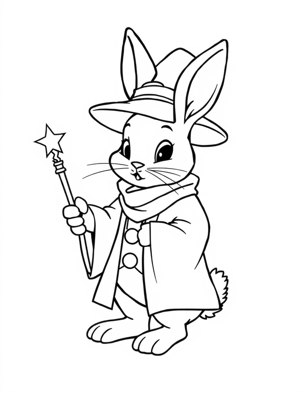Bunny Dressed as a Wizard With a Wand - black and white coloring page