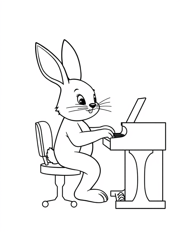 Bunny Playing Piano Concert - black and white coloring page