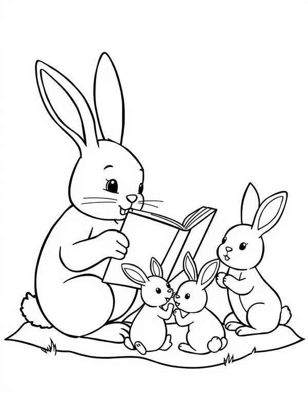 Bunny Reading a Bedtime Story to Baby Bunnies - black and white coloring page