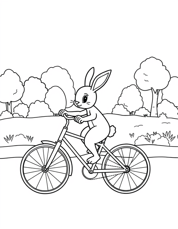 Bunny Riding a Bicycle Through the Park - black and white coloring page