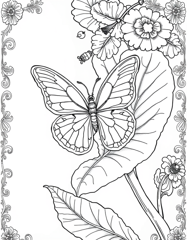 Cabbage White Butterfly on a Leaf - black and white coloring page