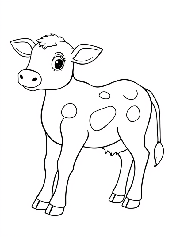 Calf Standing in a Meadow black and white line art