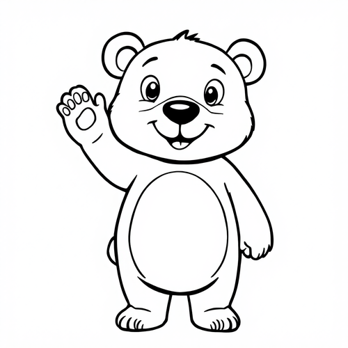 Coloring page of a cartoon bear standing on two legs and waving one paw