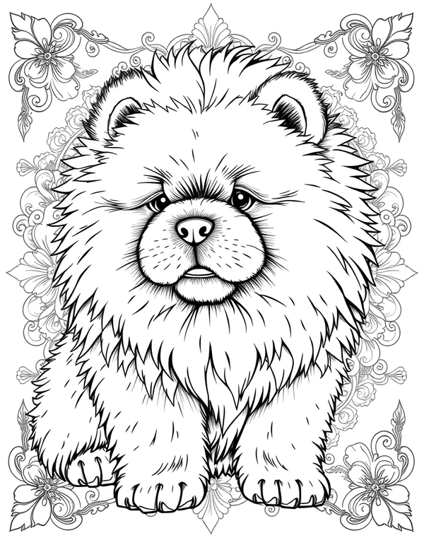 Chow Chow Puppy With Fluffy Mane - black and white coloring page