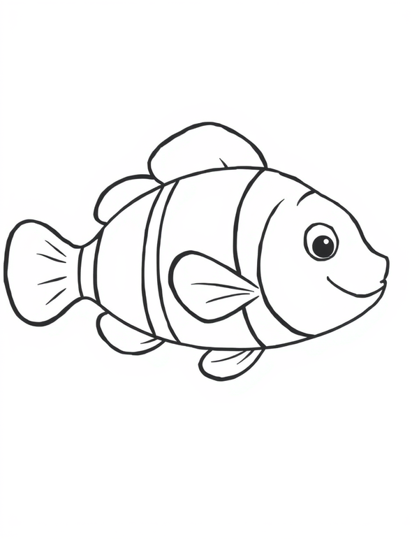 Coloring page of a clownfish with three wide bands around its body, seen from the side with bold outlines