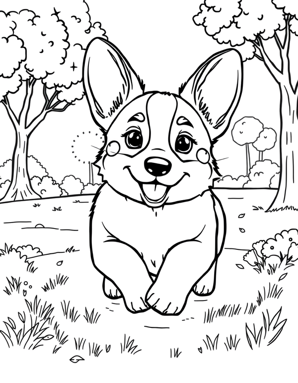 Corgi Puppy With Big Ears Running in a Park - black and white coloring page