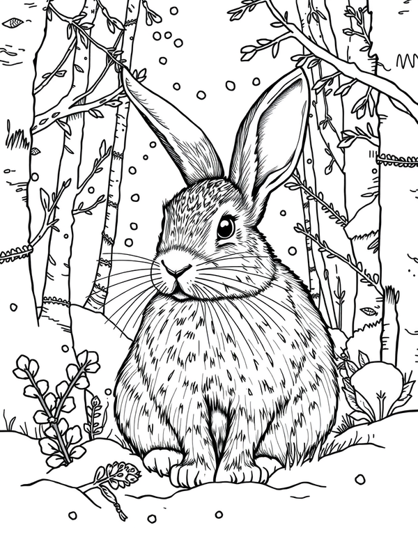 Cottontail Rabbit in a Snowy Winter Forest - black and white coloring page