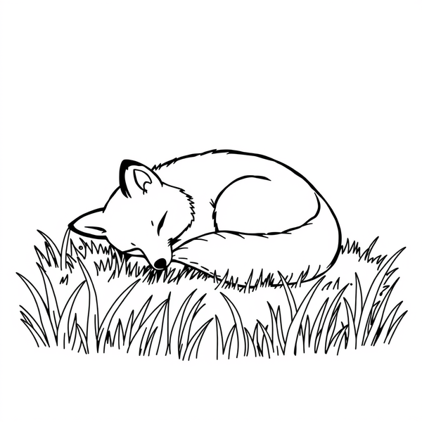 Black and white coloring page of curled up fox sleeping peacefully in soft grass