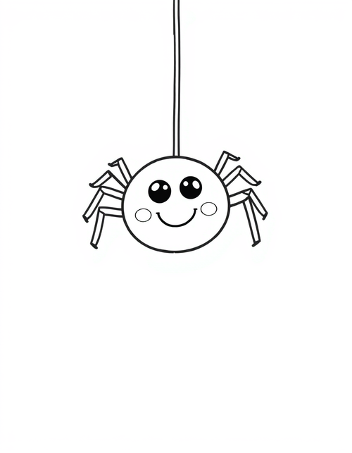 Cute Baby Spider Hanging From a Silk Thread black and white line art