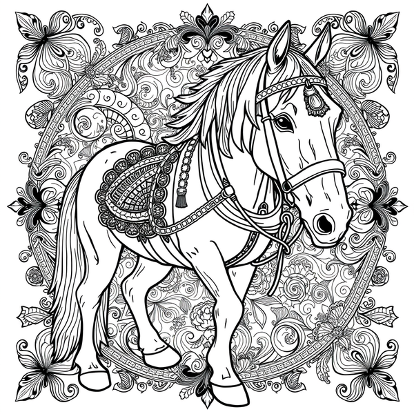 Black and white coloring page of draft horse with decorated harness