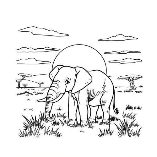 Black and white coloring page of elephant standing in the golden savanna at sunset