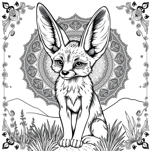 Black and white coloring page of fennec fox with enormous ears in the desert